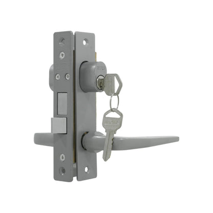 Cerradura Dexter gris para puerta de aluminio con manija de palanca, cilindro y juego de llaves plateadas.