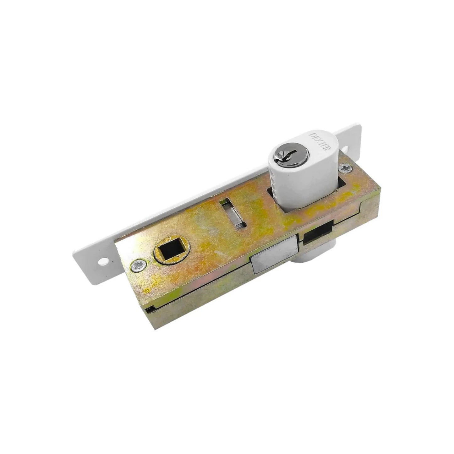 Cerradura de embutir blanca Dexter, mecanismo para puerta con cilindro de llave y caja metálica.