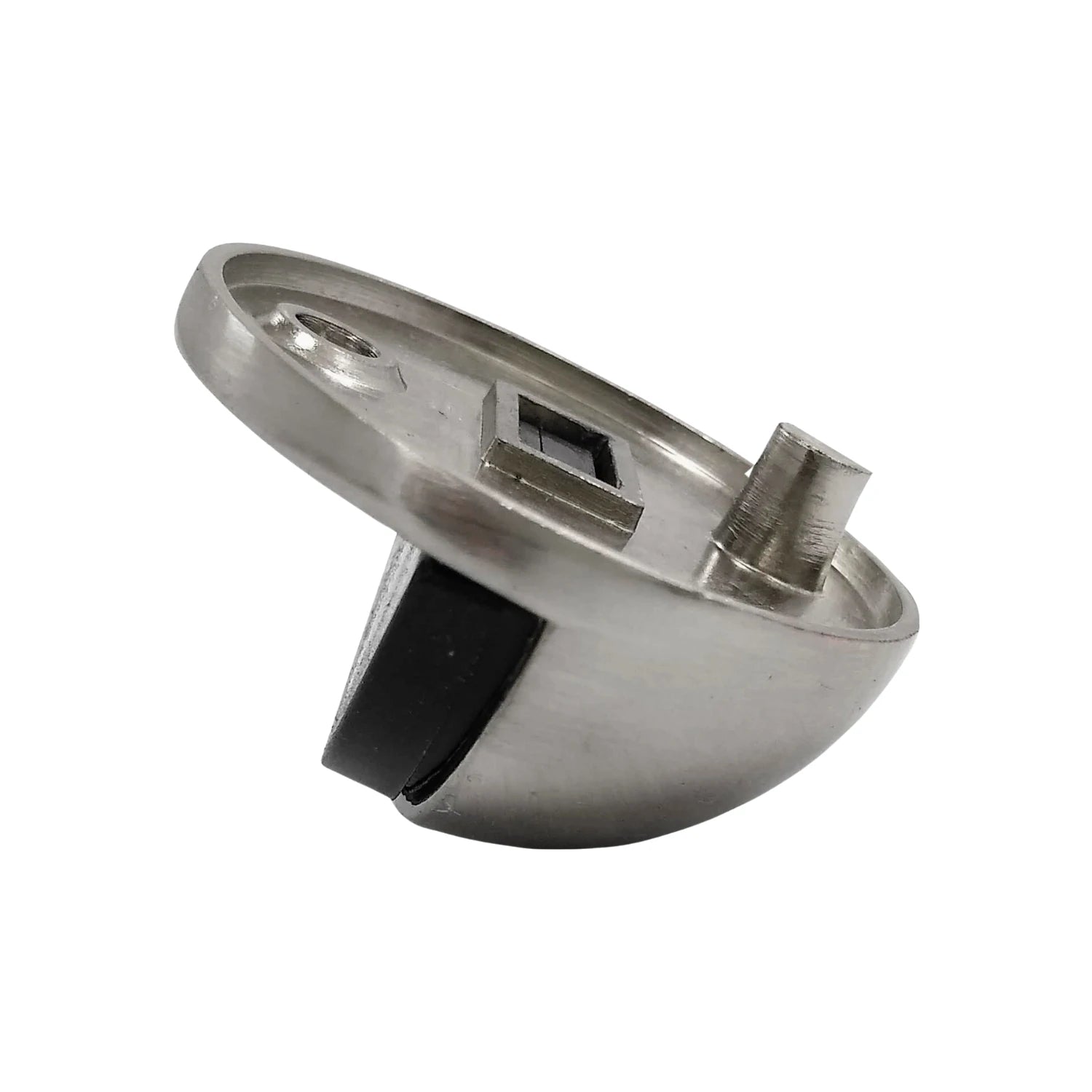 Tope de piso tipo domo de níquel satinado con protector de goma negro, resistente para puertas.