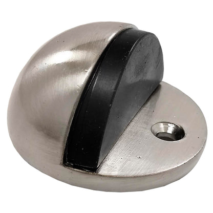 Tope de piso tipo domo níquel satinado con goma protectora negra, para fijar en el suelo y evitar golpes de puerta.