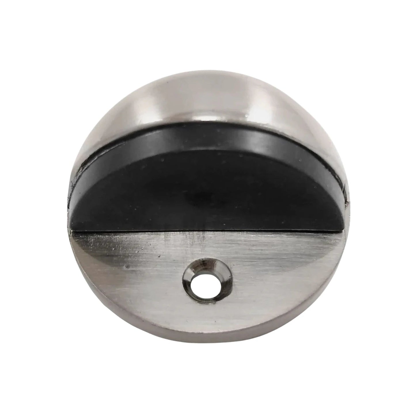 Tope de piso tipo domo níquel satinado con goma protectora, ideal para puertas y protección de pared.
