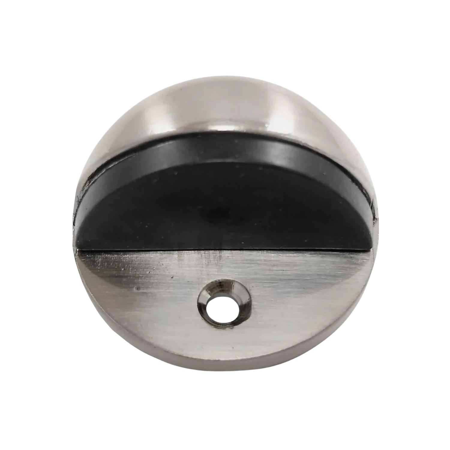 Tope de piso tipo domo níquel satinado con goma protectora, ideal para puertas y protección de pared.