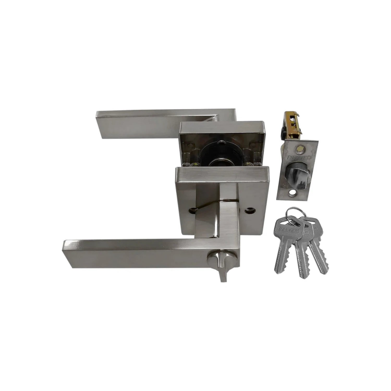 Juego de cerradura de manija rectangular cromo mate Dexter con pasador y tres llaves para puerta de recámara.