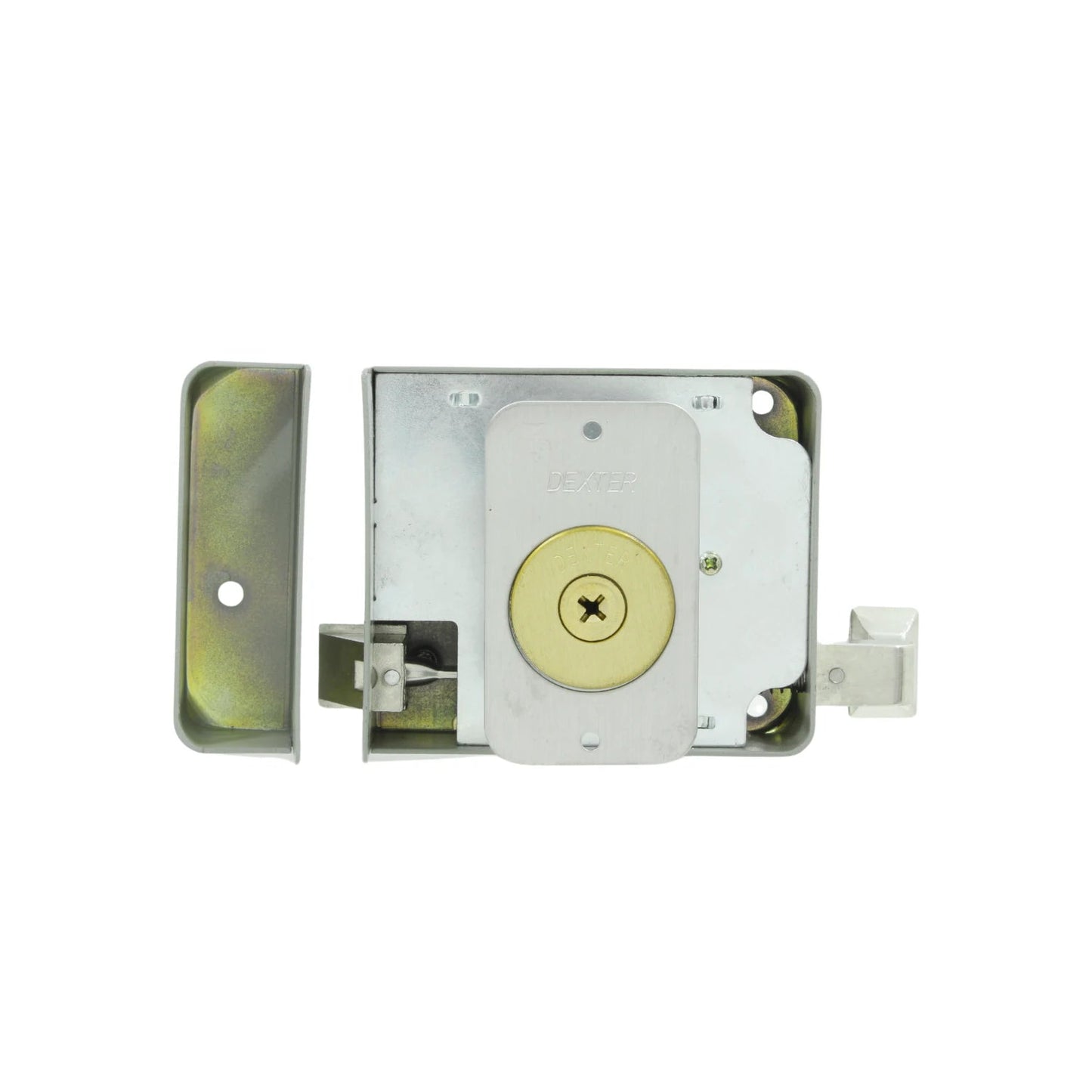 Cerradura de sobreponer Dexter metálica derecha para puerta, cilindro de latón con tornillo, acabado galvanizado.