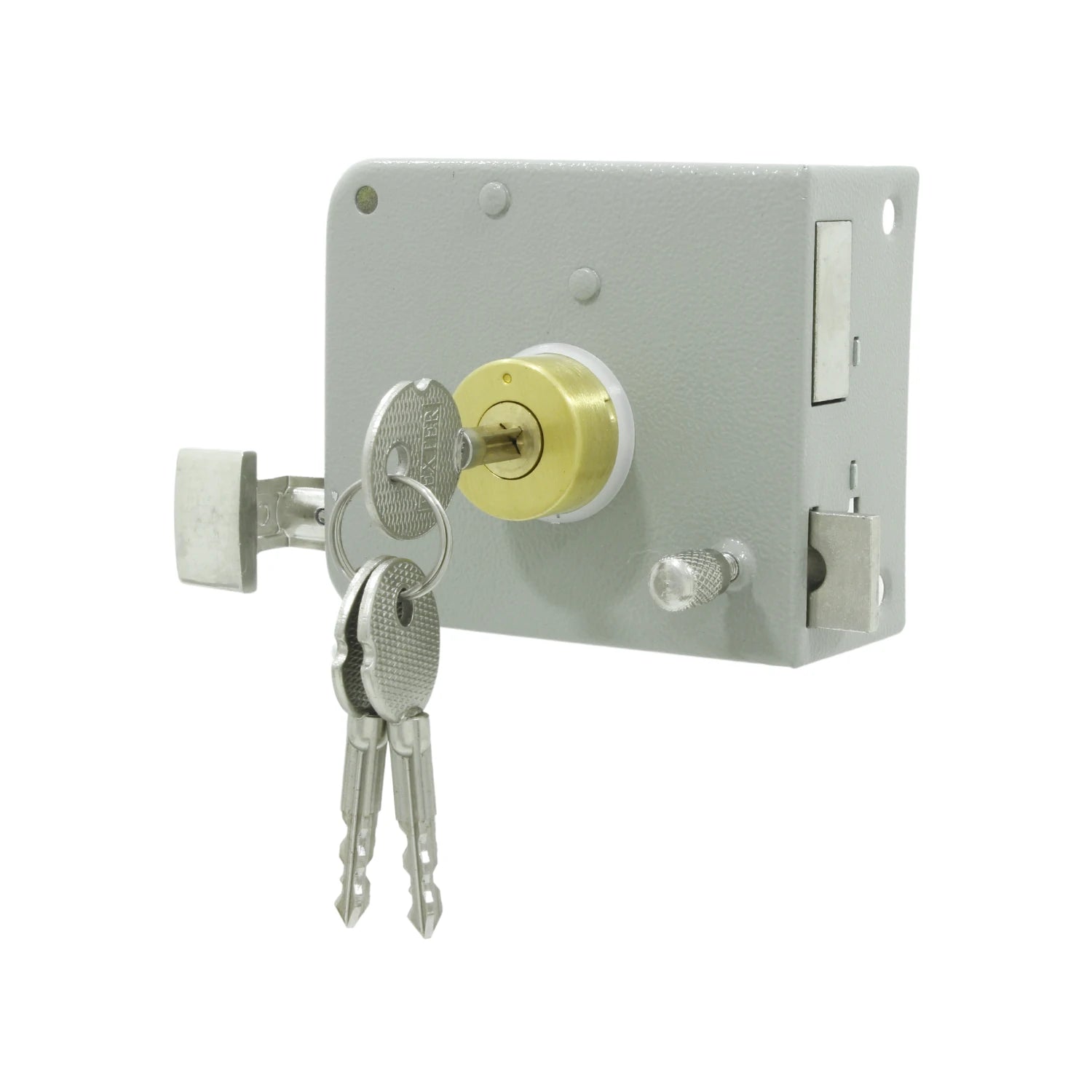 Cerradura de sobreponer Dexter gris con cilindro de latón y llaves de seguridad, para instalación en puerta derecha.