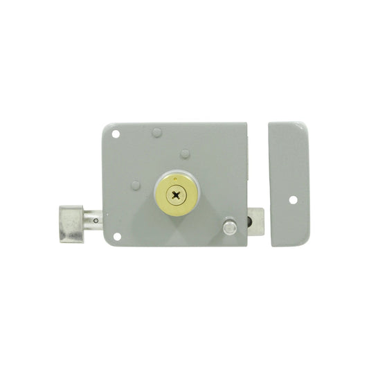 Cerradura de sobreponer derecha gris con perilla y cilindro de latón, ideal para puertas de seguridad
