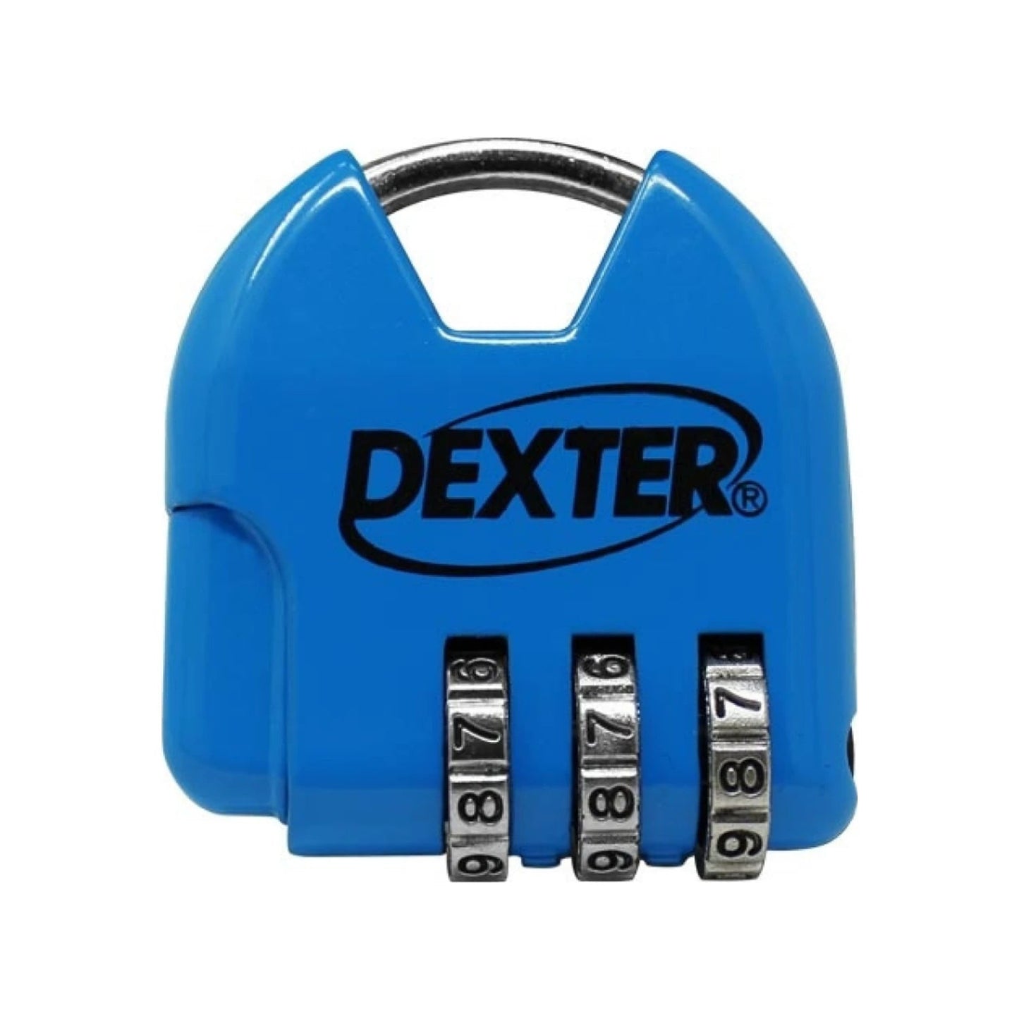 Candado de combinación Dexter azul, 3 dígitos, para seguridad de maletas o casilleros.
