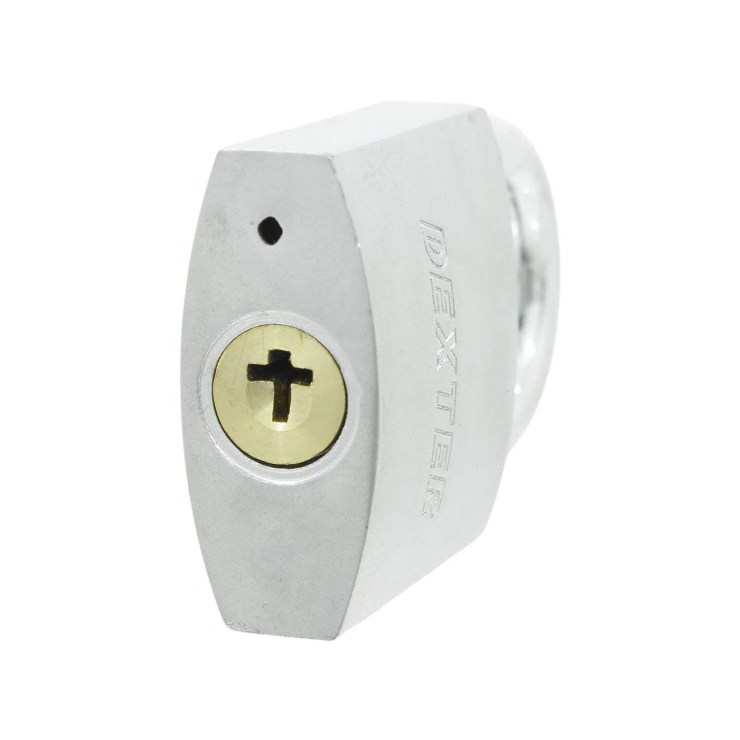 Candado Dexter plateado con cerradura de llave cruciforme, gancho corto de seguridad.