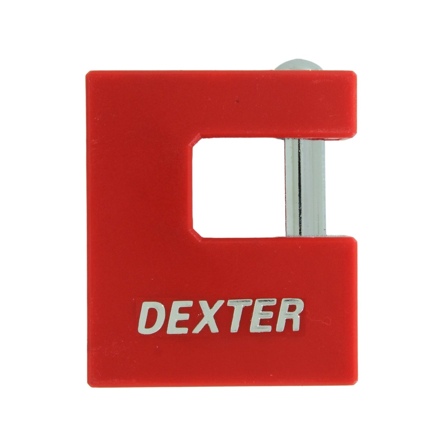 Candado rojo Dexter, de tipo monoblock, con grillete de acero para seguridad de puertas y cortinas.
