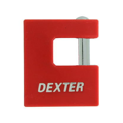 Candado rojo Dexter, de tipo monoblock, con grillete de acero para seguridad de puertas y cortinas.