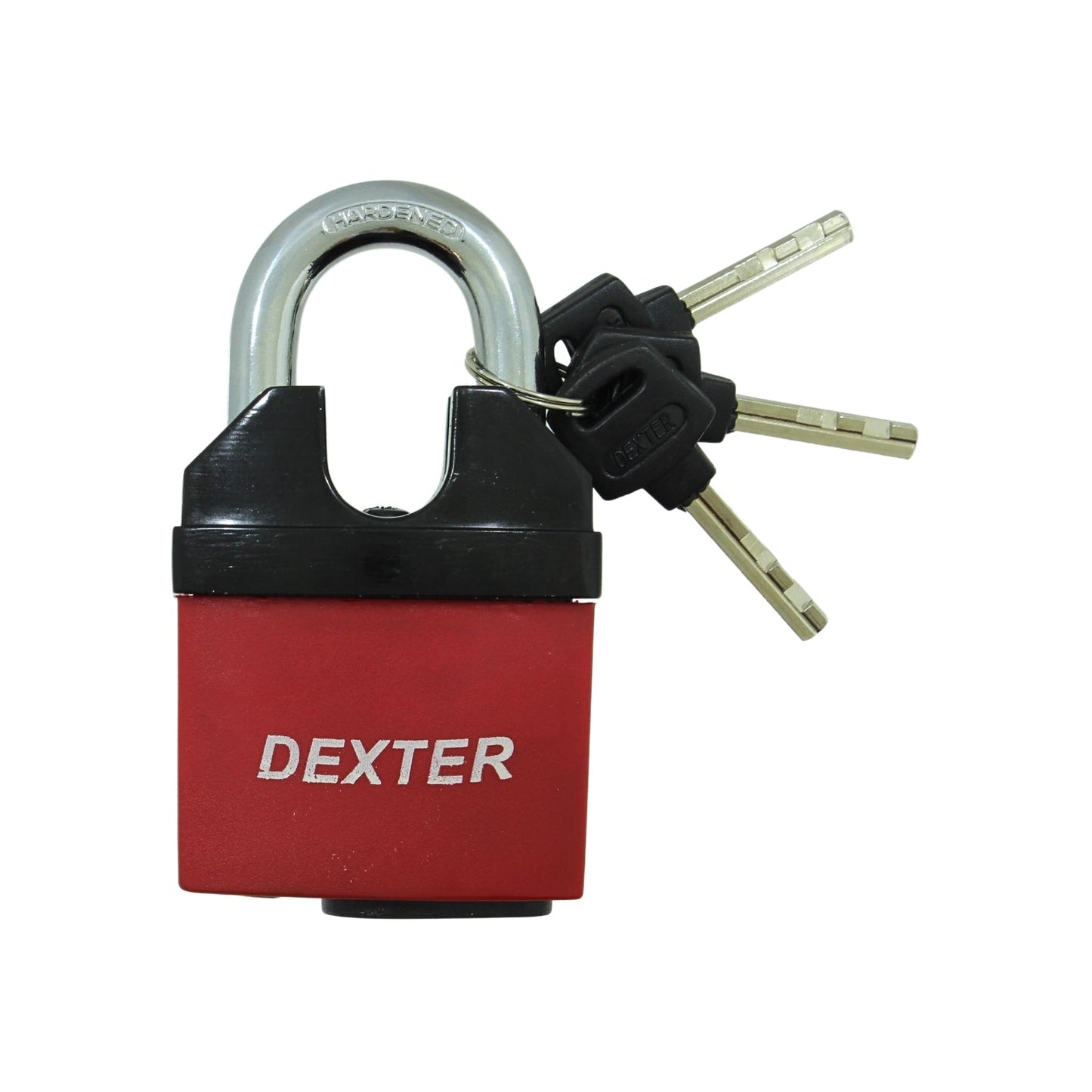 Candado Dexter rojo antiganzúa con grillete endurecido, cuerpo acorazado y llaves.
