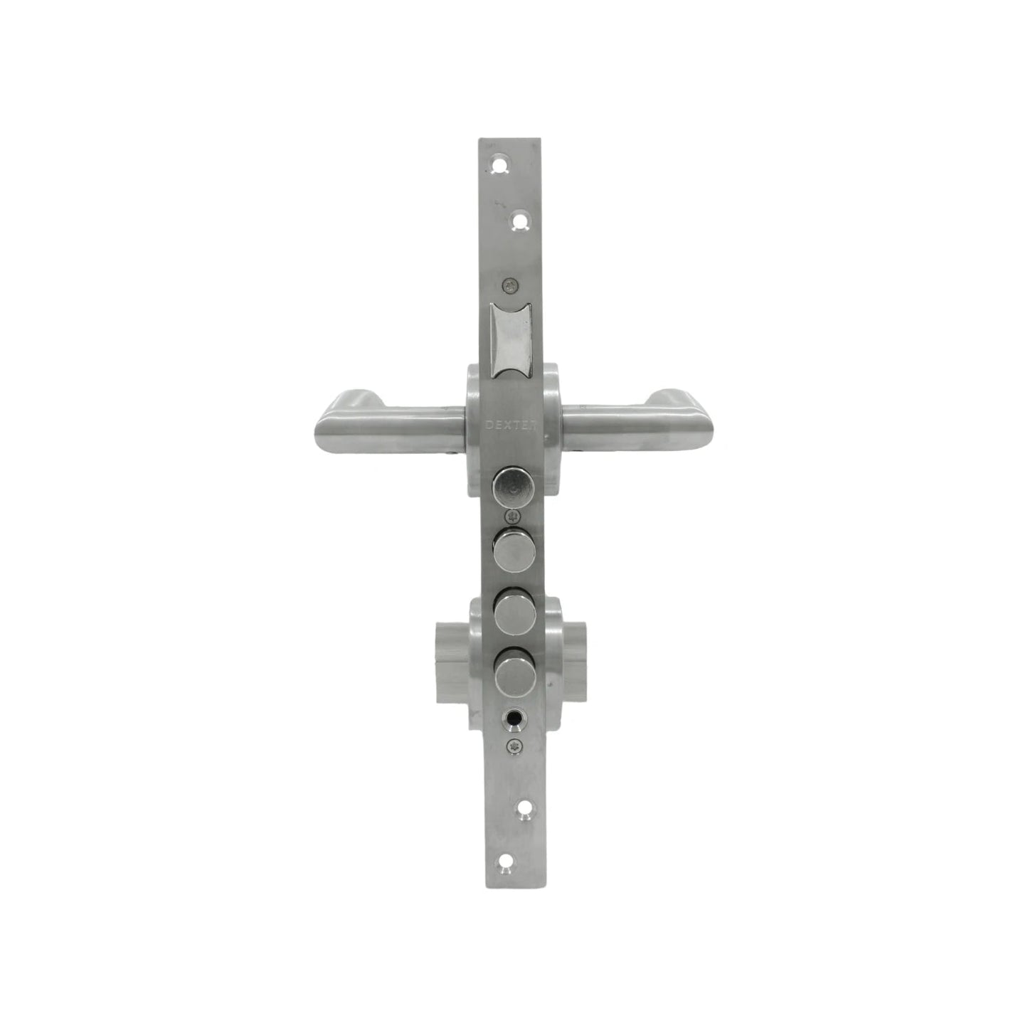 Cerradura de seguridad multipunto Dexter para puerta principal, manijas de palanca en acero inoxidable.