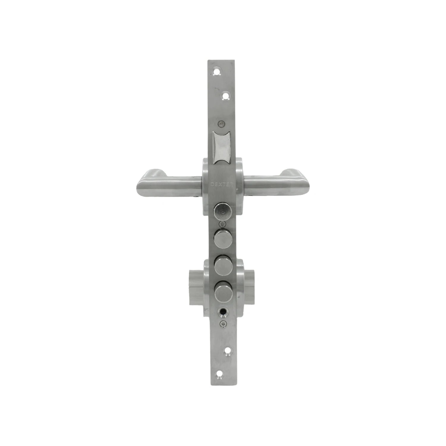 Cerradura de seguridad multipunto Dexter para puerta principal, manijas de palanca en acero inoxidable.