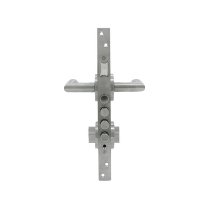 Cerradura de seguridad multipunto Dexter para puerta principal, manijas de palanca en acero inoxidable.