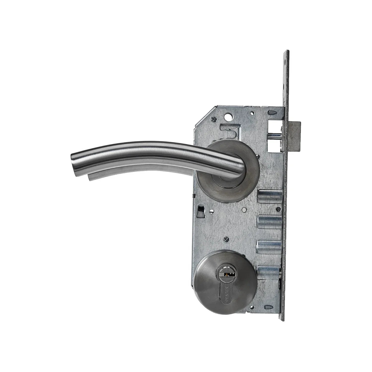 Cerradura de manija Dexter cromo mate, mecanismo para puerta con pestillo y cerrojo de seguridad, ideal recámara.