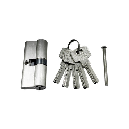 Cilindro de seguridad Dexter para cerradura, incluye 5 llaves y tornillo de montaje, acabado metálico.