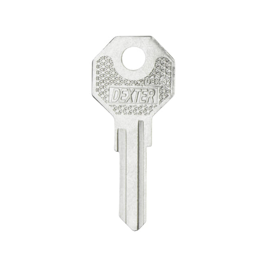 Forja de llave virgen Dexter DEX-32 niquelada, con diseño triangular en cabeza para duplicado.