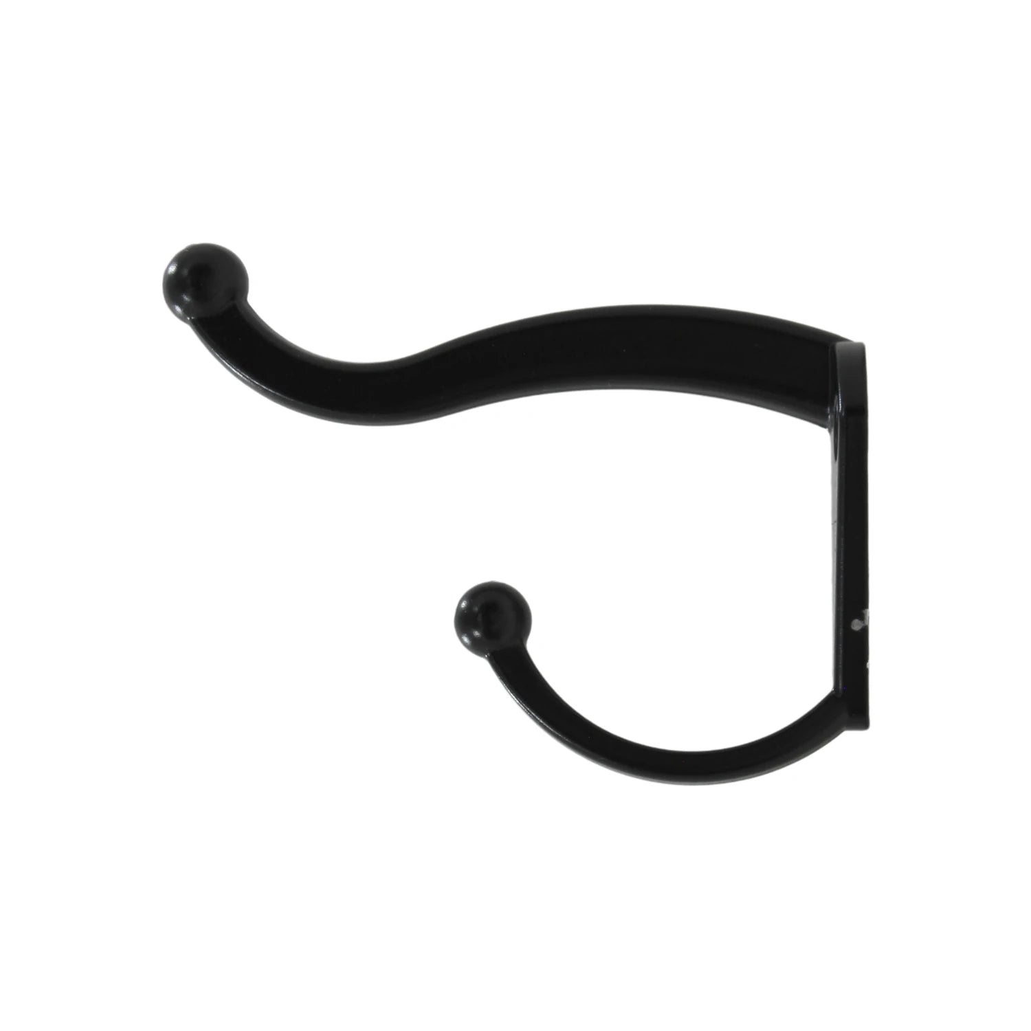Gancho doble negro metálico con puntas esféricas, ideal para colgar sombreros, abrigos y ropa en pared.