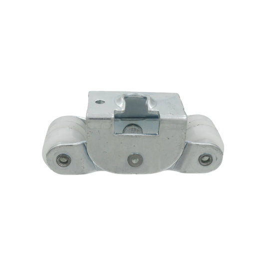 Corredera doble metálica con dos ruedas blancas para riel en T, rodamientos para deslizamiento suave.