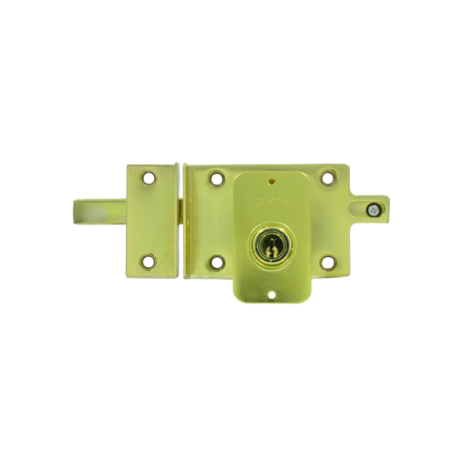 Cerradura de sobreponer Dexter latón brillante con llave y cerrojo de barra para puerta