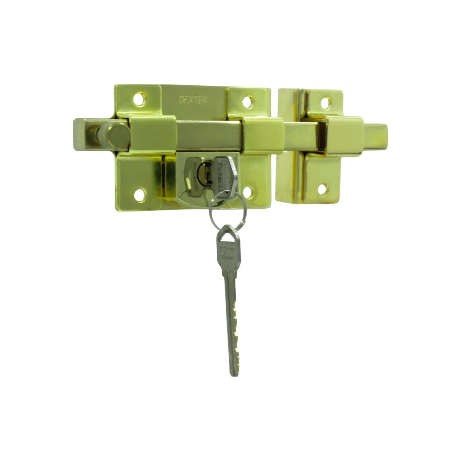 Cerradura de sobreponer Dexter, pasador de barra latón brillante con llave de seguridad para puertas