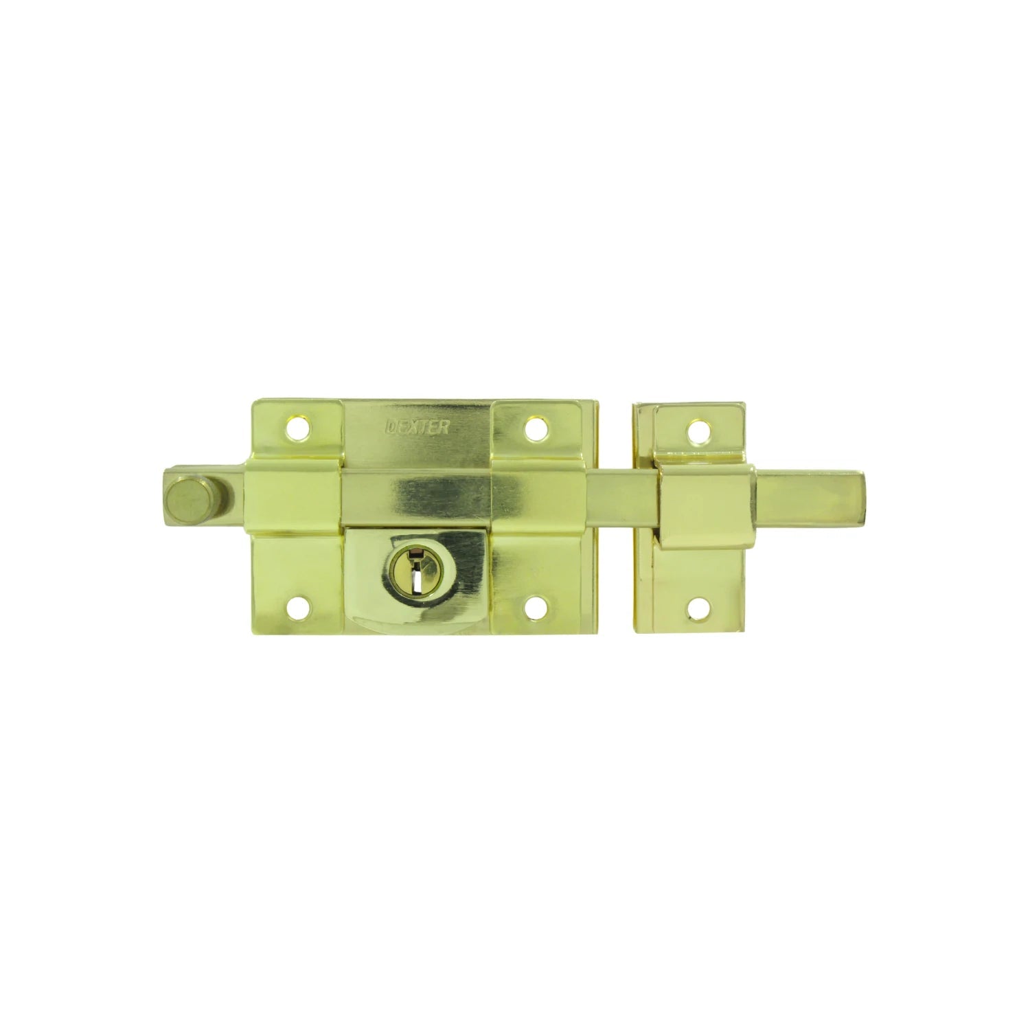 Cerrojo de barra Dexter con llave, acabado latón brillante para sobreponer en puertas y portones