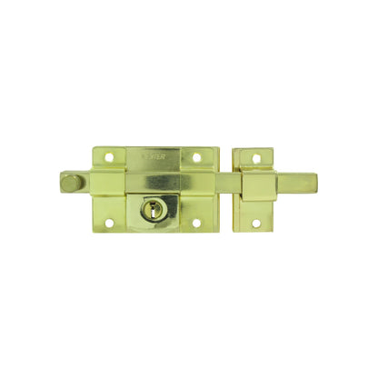 Cerrojo de barra Dexter con llave, acabado latón brillante para sobreponer en puertas y portones