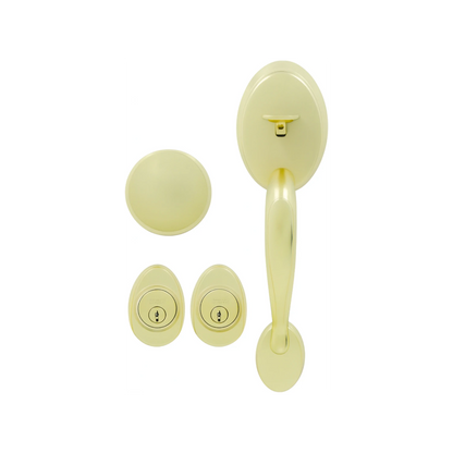 Kit cerradura entrada principal latón brillante con manija, cerrojo y bombines de seguridad