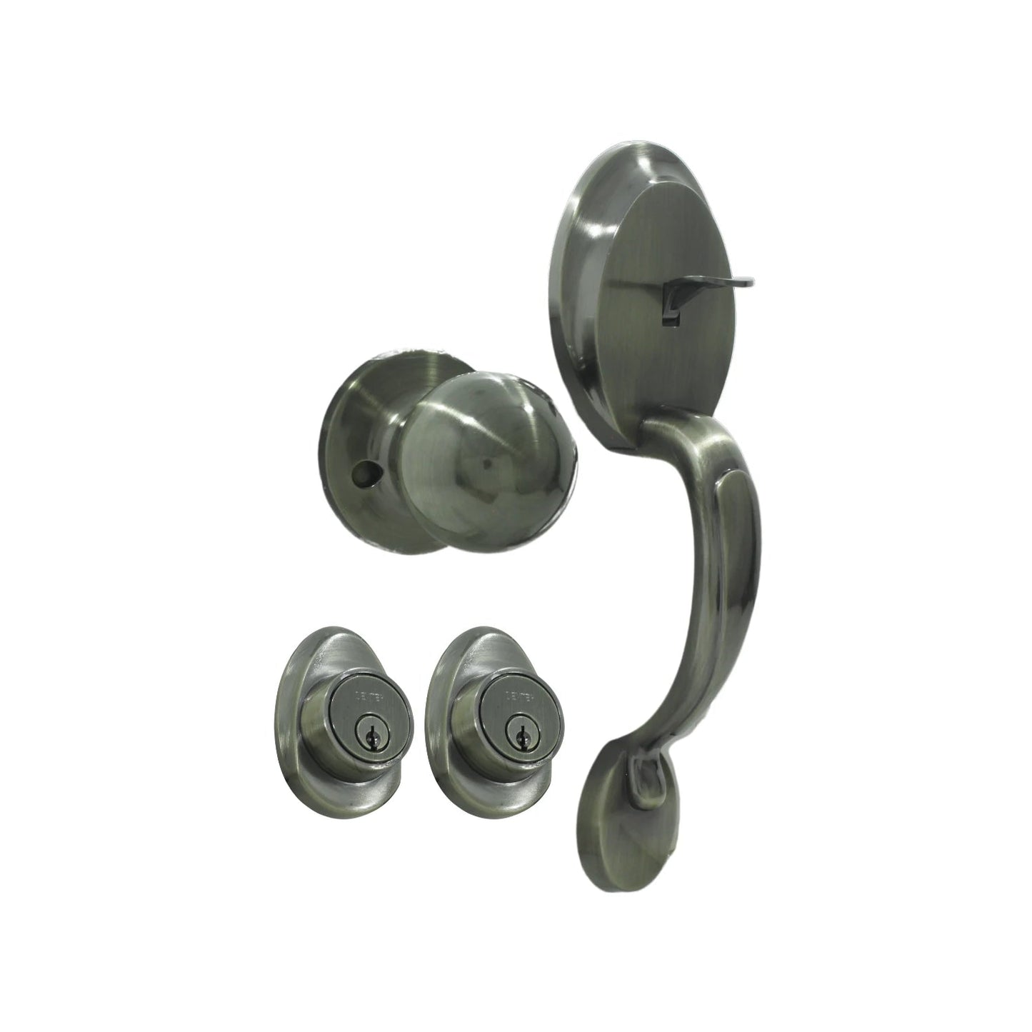 Juego cerradura entrada principal Dexter cobre tauro: manija, pomo, cerrojo y dos cilindros.