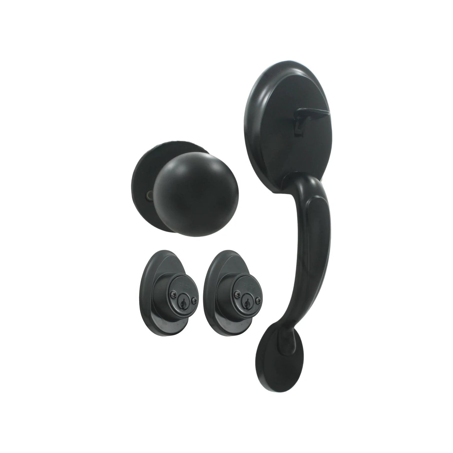 Kit de chapas y manija de entrada principal negro. Con perilla esférica y dos cerrojos de seguridad.