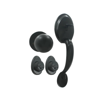 Kit de chapas y manija de entrada principal negro. Con perilla esférica y dos cerrojos de seguridad.