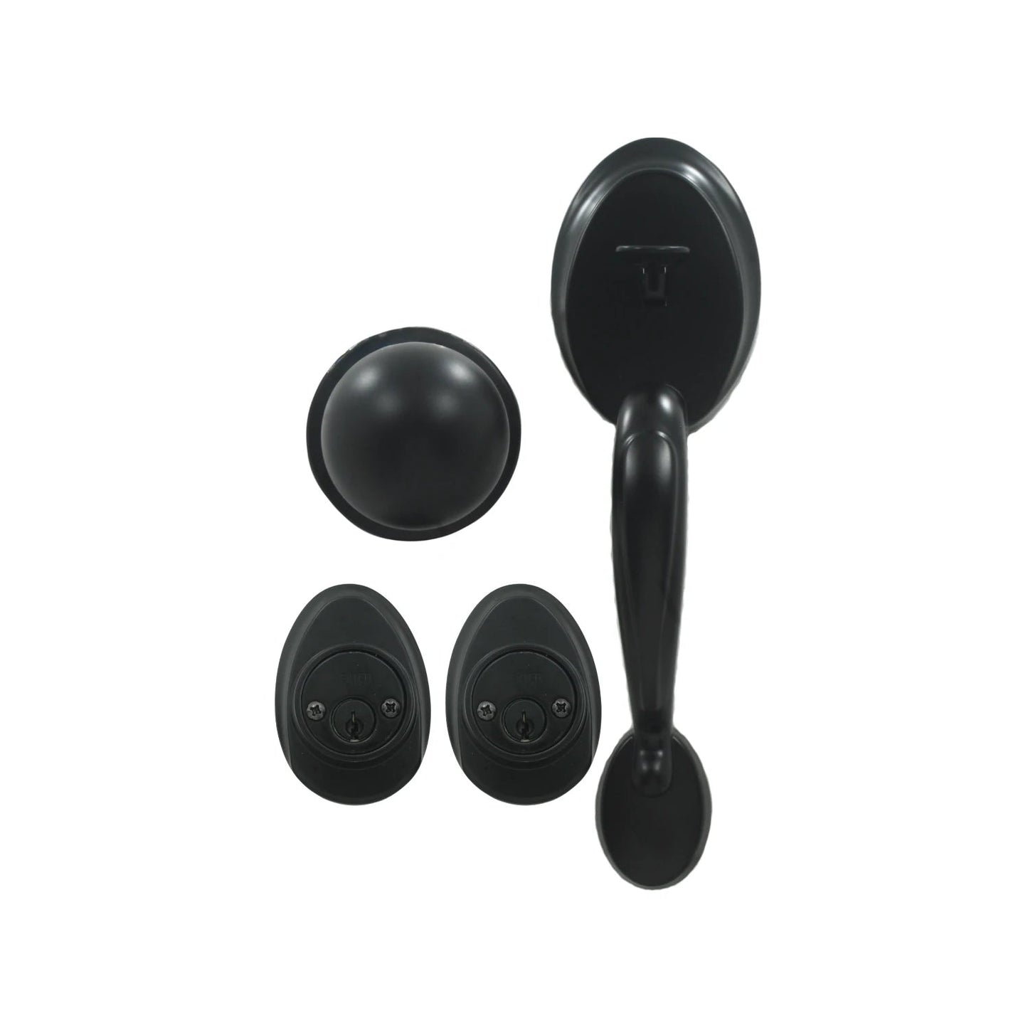 Juego de cerradura Dexter negra mate para puerta de entrada, incluye manija y cerrojos de seguridad.