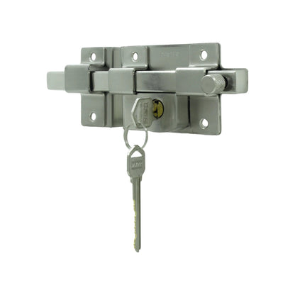 Cerradura de barra fija izquierda Dexter con llave, acabado metálico plateado para puertas.