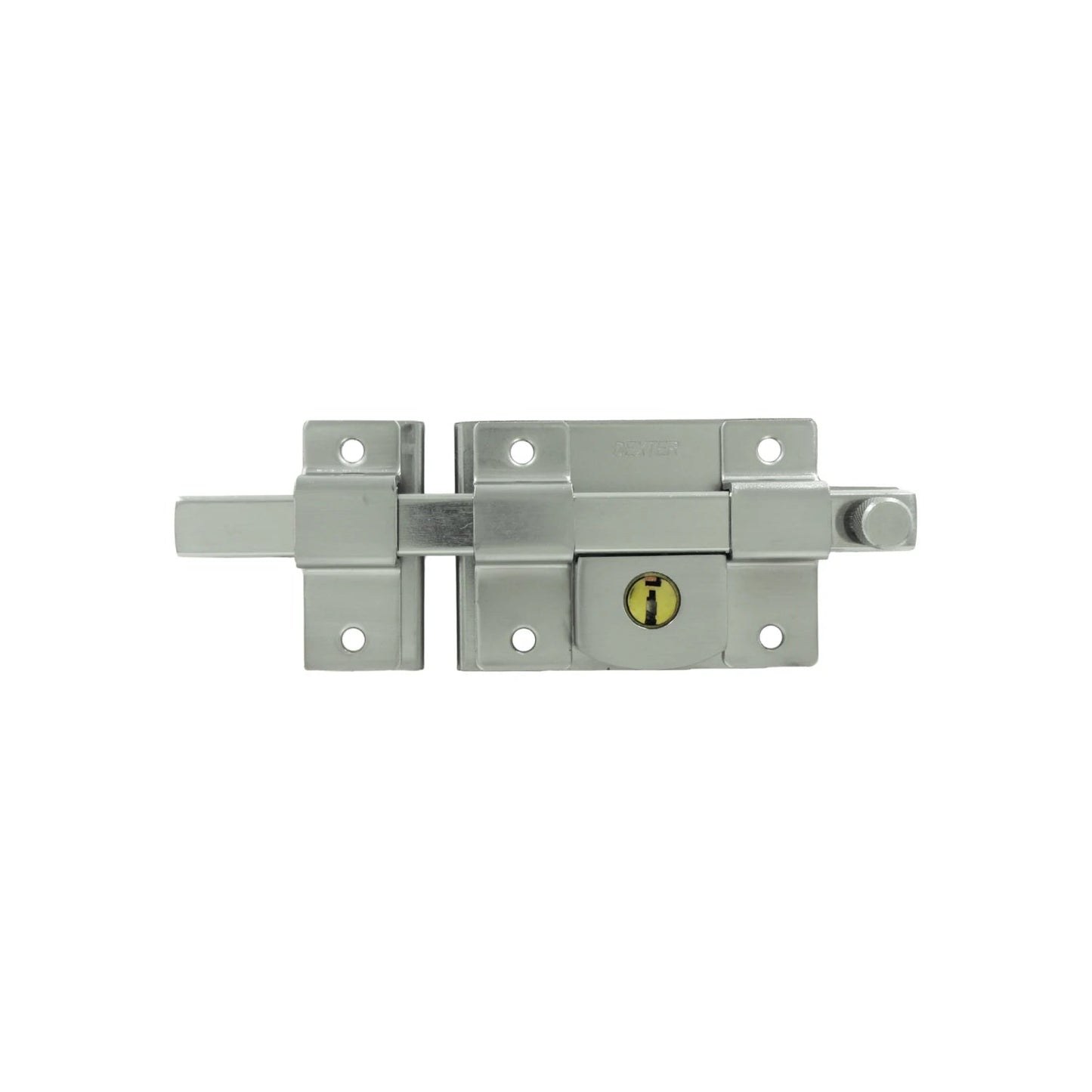 Cerradura de barra fija Dexter con llave, pasador de seguridad metálico plateado para puertas o portones.