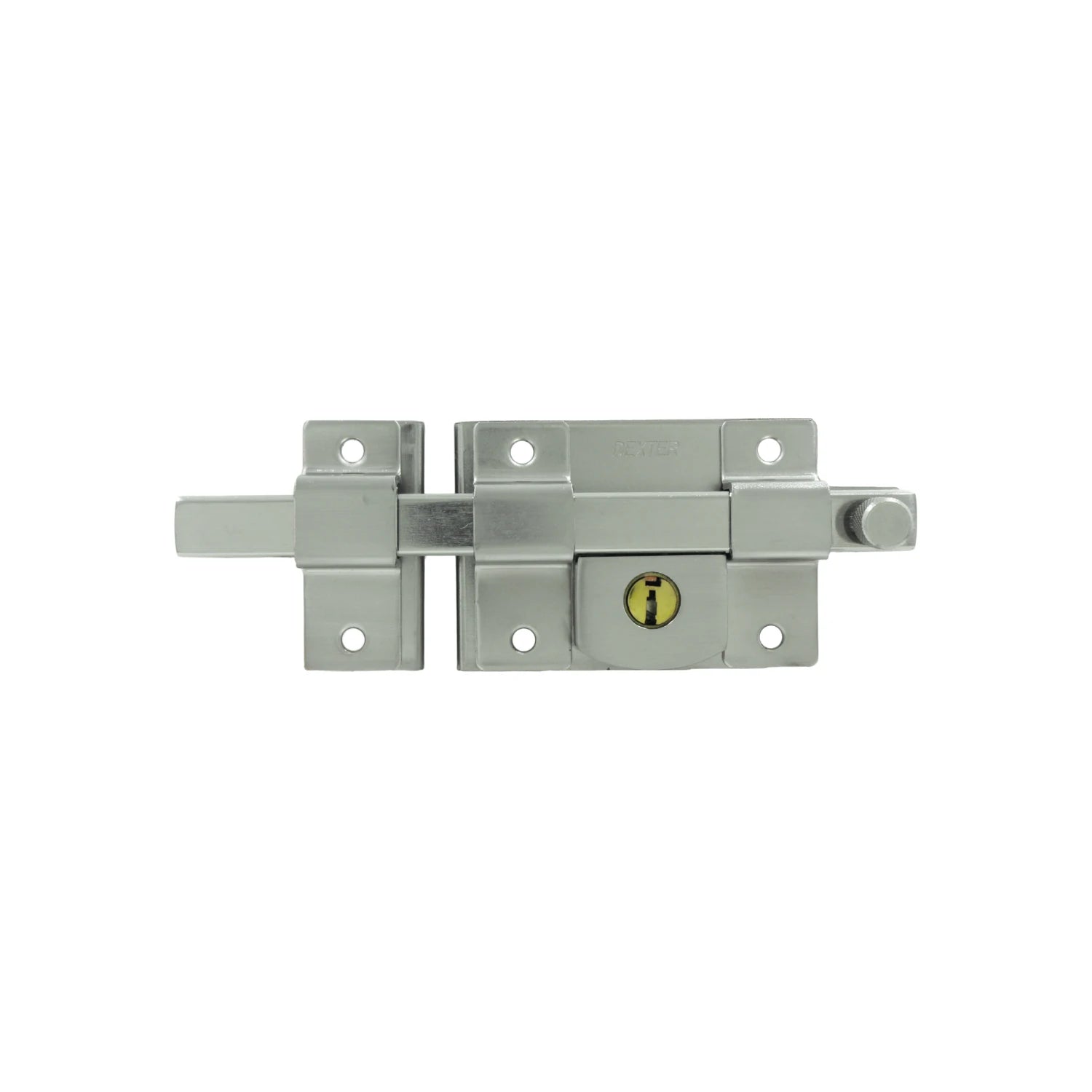 Cerradura de barra fija Dexter con llave, pasador de seguridad metálico plateado para puertas o portones.