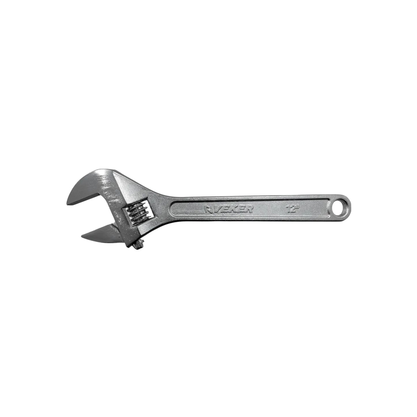 Llave inglesa ajustable Riveker de 12 pulgadas en acero cromado para uso profesional en mecánica y fontanería.
