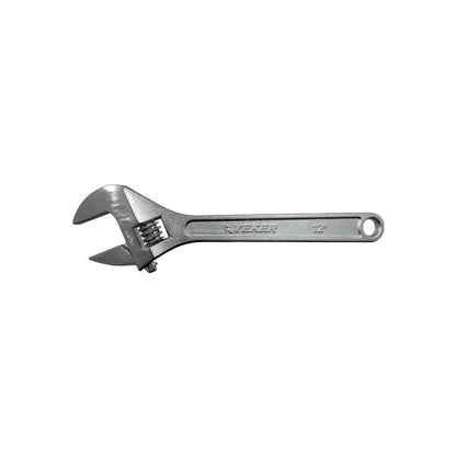 Llave inglesa ajustable Riveker de 12 pulgadas en acero cromado para uso profesional en mecánica y fontanería.