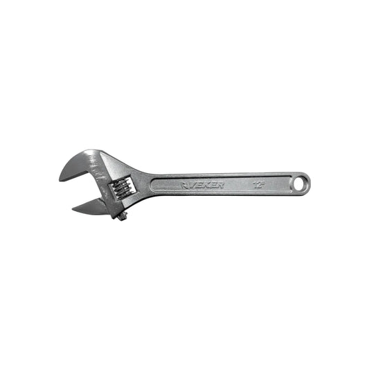 Llave inglesa ajustable Riveker de 12 pulgadas en acero cromado para uso profesional en mecánica y fontanería.