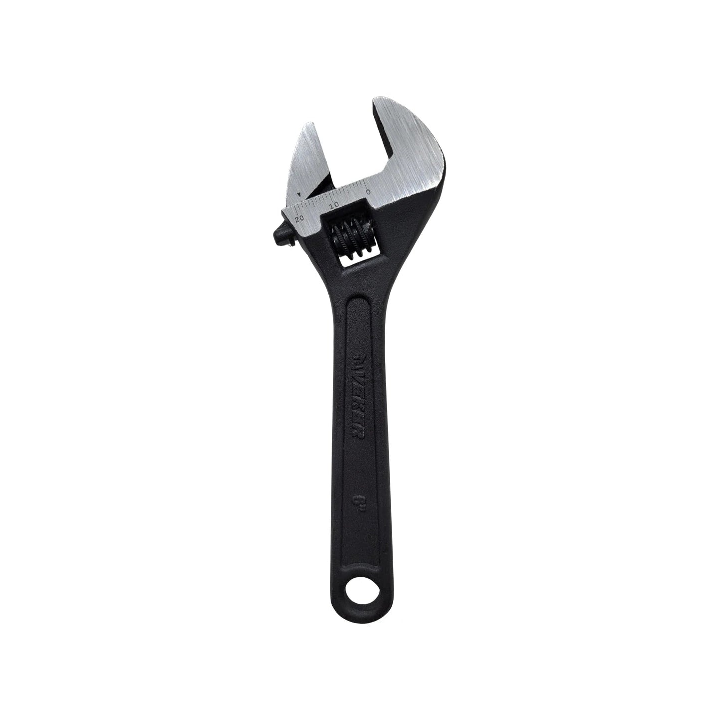 Llave perico ajustable Veker 6 pulgadas pavonada negra, con escala de medición métrica.