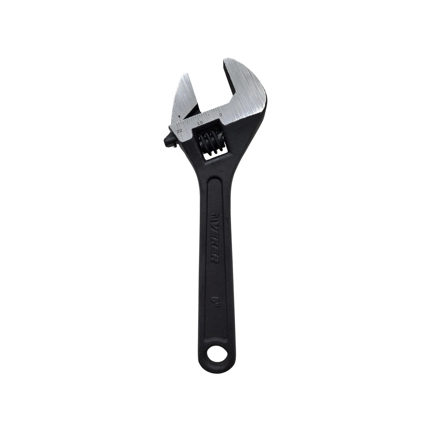Llave perico ajustable Veker 6 pulgadas pavonada negra, con escala de medición métrica.