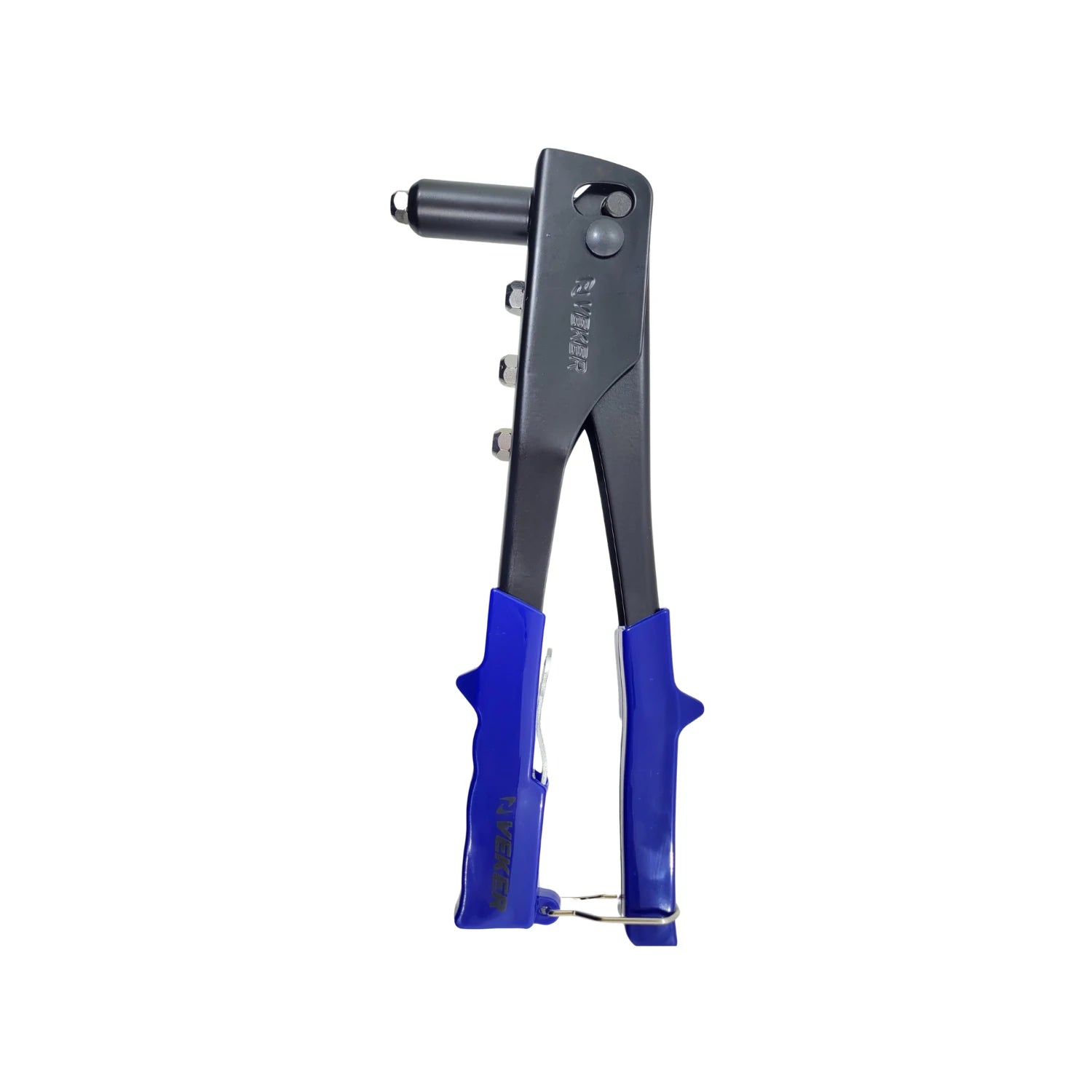 Remachadora Veker negra con empuñaduras azules, herramienta manual para remaches ciegos