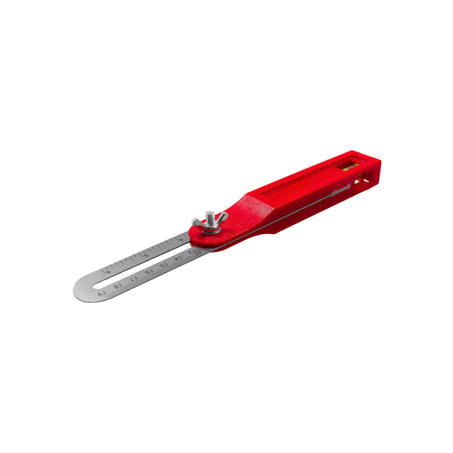 Falsa escuadra ajustable roja con nivel de burbuja y regla de acero inoxidable para carpintería y construcción.
