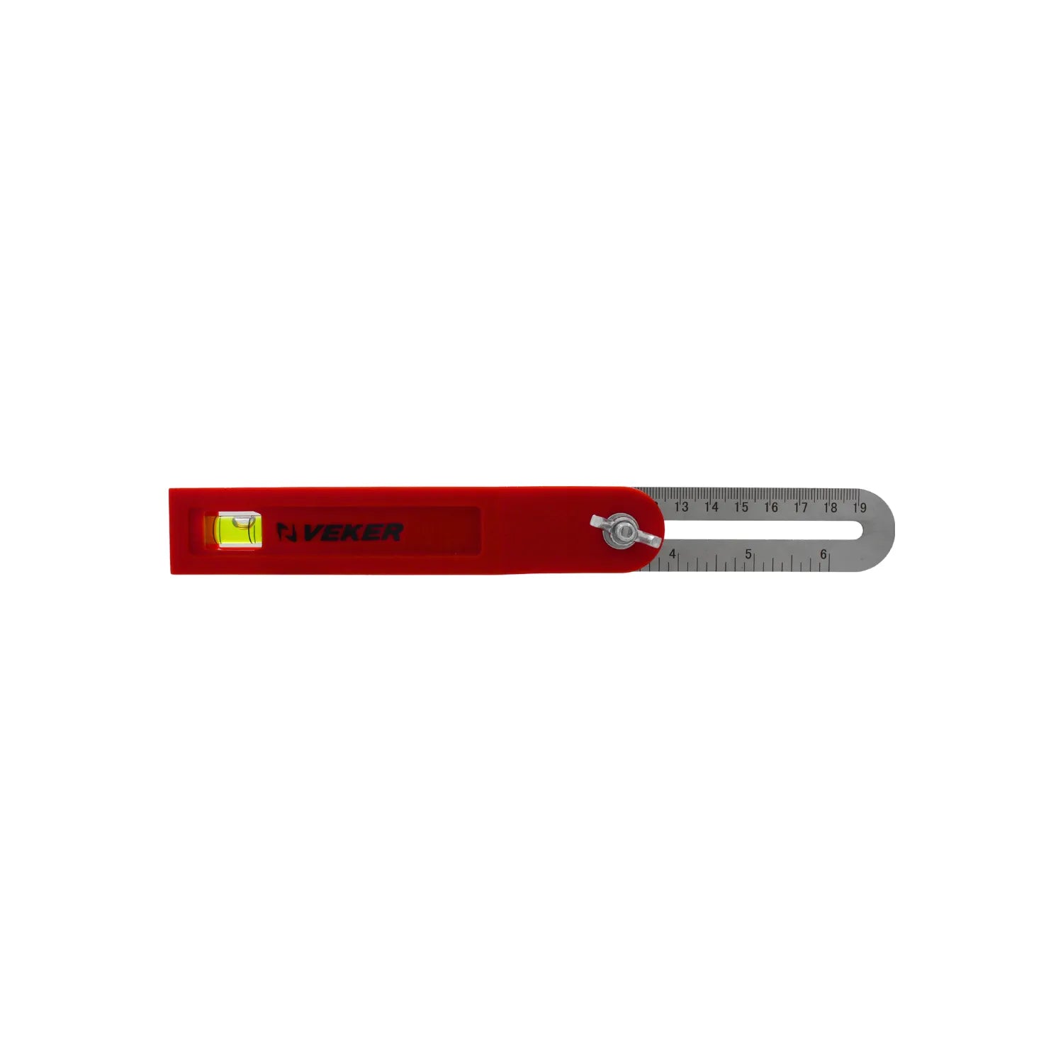 Falsa escuadra marca VEKER roja con nivel de burbuja y regla de acero inoxidable para carpintería y bricolaje.