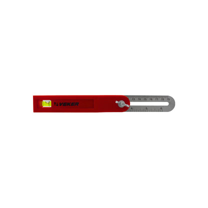 Falsa escuadra marca VEKER roja con nivel de burbuja y regla de acero inoxidable para carpintería y bricolaje.