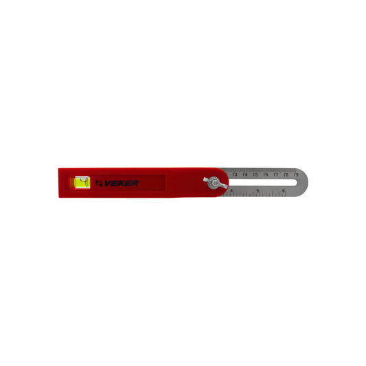 Falsa escuadra marca VEKER roja con nivel de burbuja y regla de acero inoxidable para carpintería y bricolaje.