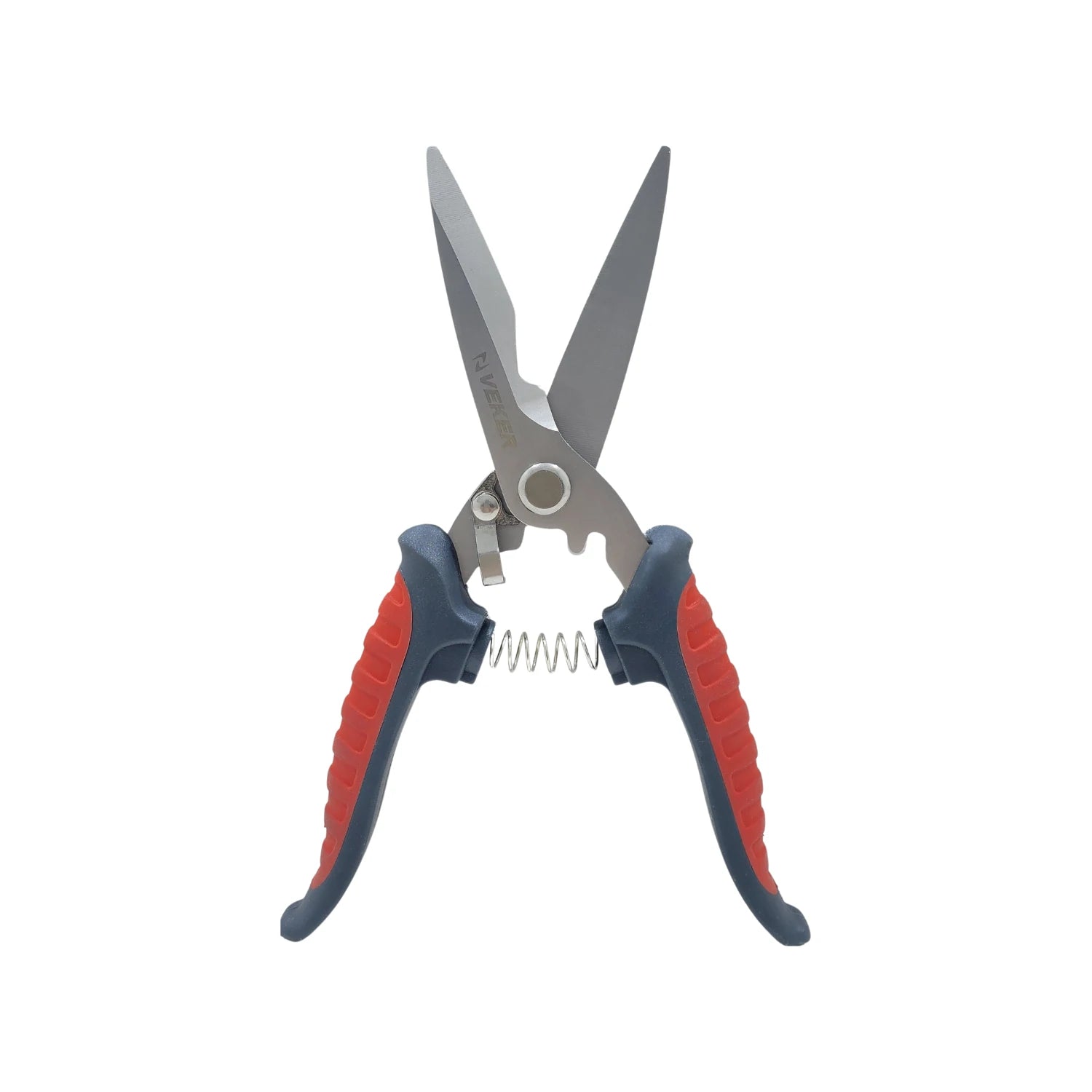Tijera multiusos Veker 8 pulg. mango ergonómico rojo/gris, acción de resorte para cortes eficientes