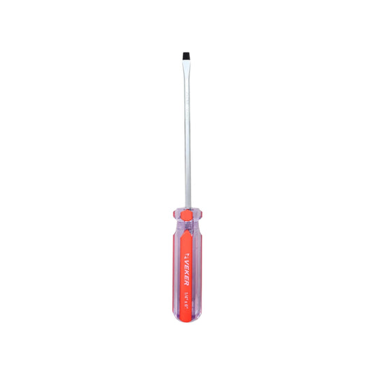 Desarmador plano VEKER 1/4"x6" de acero cromo vanadio, mango transparente rojo para tornillos ranurados