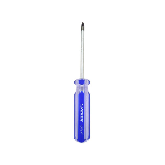 Desarmador de cruz Veker 1/4"x4", mango azul transparente, eje de cromo vanadio