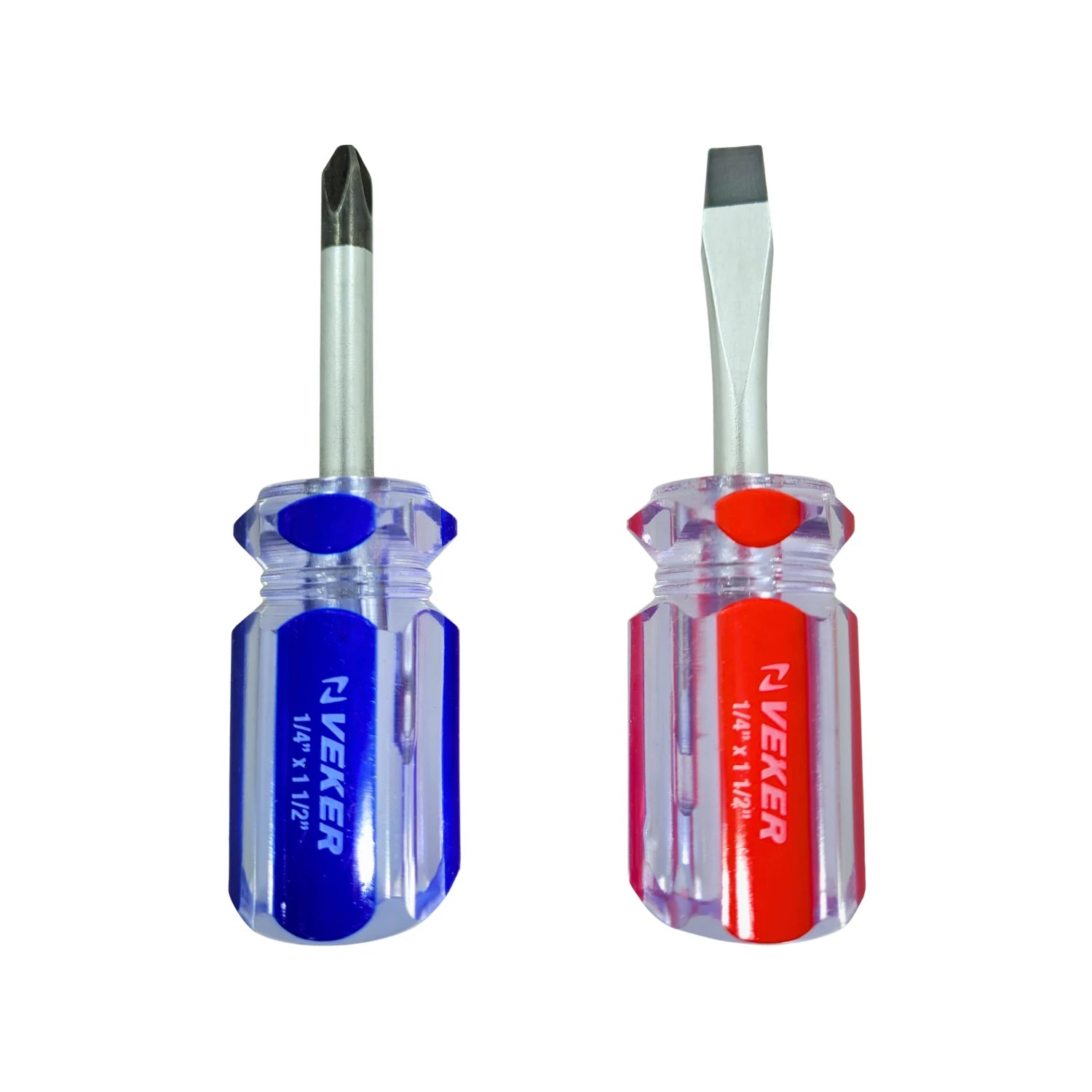 Juego de desarmadores stubby Veker de 2 piezas: Phillips azul y plano rojo 1/4" x 1 1/2".