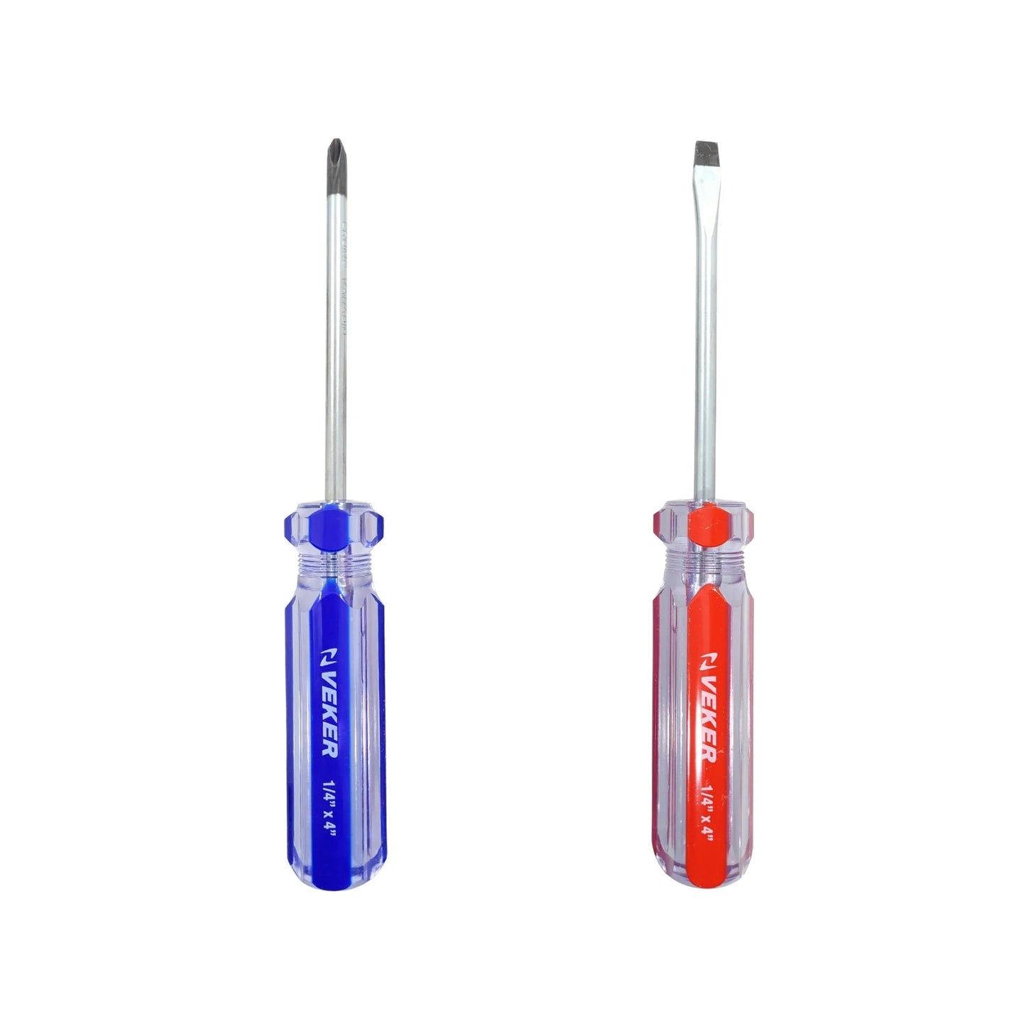Juego de desarmadores Veker: Phillips azul y plano rojo, 1/4"x4" acero CR-V, mangos ergonómicos transparentes